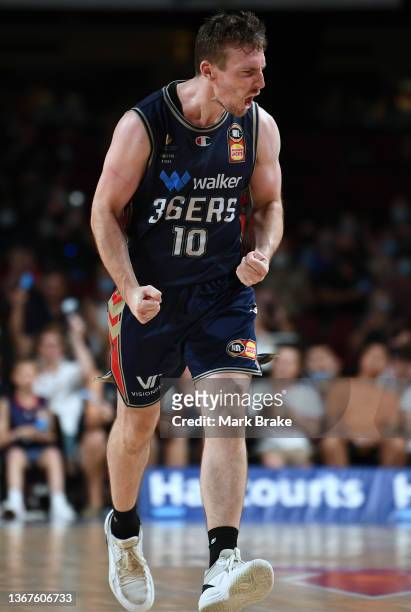 Mitch McCarron of the 36ers celebrates a three pointer during the round nine NBL match between Adelaide 36ers and Melbourne United at Adelaide...