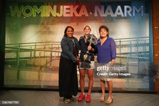 In this handout photo provided by Tennis Australia, Ashleigh Barty of Australia poses with Evonne Goolagong Cawley, and Cathy Freeman after she won...