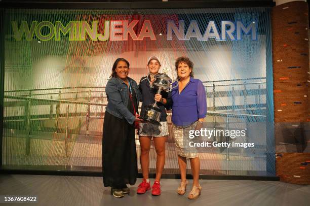 In this handout photo provided by Tennis Australia, Ashleigh Barty of Australia poses with Evonne Goolagong Cawley, and Cathy Freeman after she won...