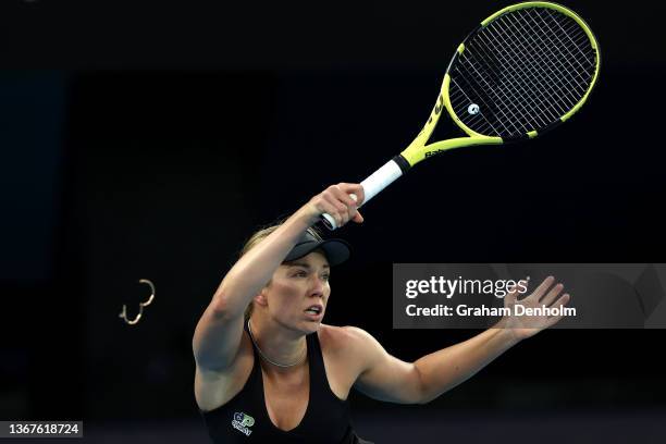 Danielle Collins of United States loses her bracelet as she plays a forehand in her Women's Singles Final match against Ashleigh Barty of Australia...