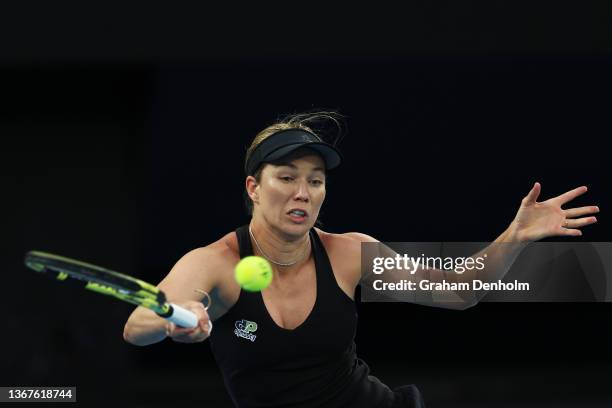Danielle Collins of United States loses her bracelet as she plays a forehand in her Women's Singles Final match against Ashleigh Barty of Australia...