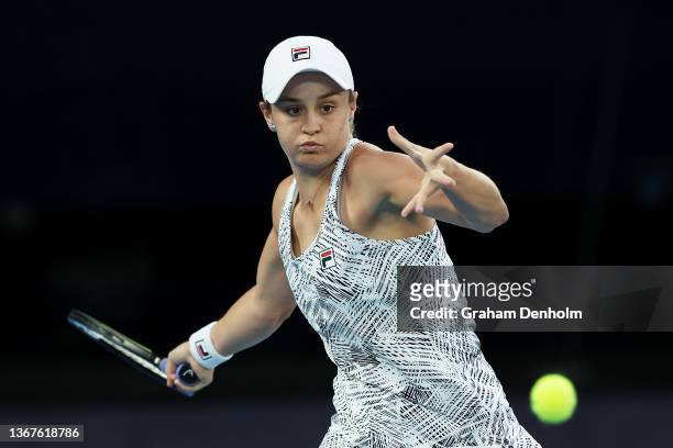 Ashleigh Barty of Australia plays a forehand in her Women's Singles Final match against Danielle Collins of United States during day 13 of the 2022...
