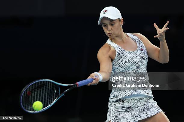 Ashleigh Barty of Australia plays a forehand in her Women's Singles Final match against Danielle Collins of United States during day 13 of the 2022...