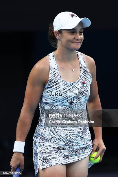 Ashleigh Barty of Australia smiles in her Women's Singles Final match against Danielle Collins of United States during day 13 of the 2022 Australian...
