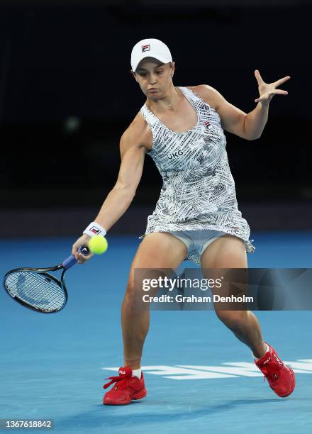 Ashleigh Barty of Australia plays a forehand in her Women's Singles Final match against Danielle Collins of United States during day 13 of the 2022...