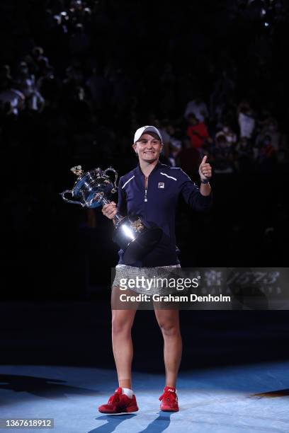 Ashleigh Barty of Australia acknowledges the crowd after receiving the Daphne Akhurst Memorial Cup after winning her Women’s Singles Final match...