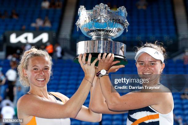 Katerina Siniakova of Czech Republic and Barbora Krejcikova of Czech Republic pose with the championship trophy after winning their Women's...