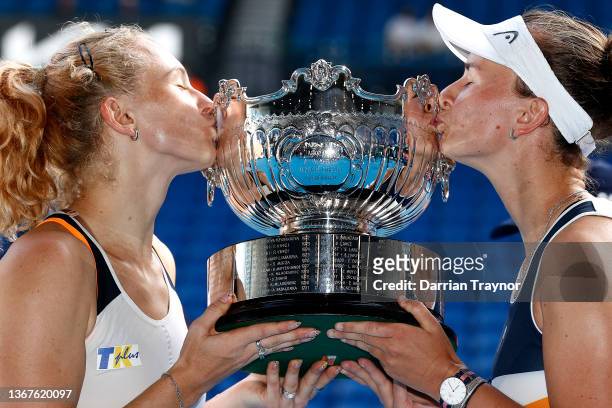 Katerina Siniakova of Czech Republic and Barbora Krejcikova of Czech Republic kiss the championship trophy after winning their Women's Doubles Final...