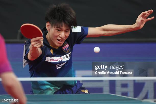 Shunsuke Togami of Japan competes against Kenta Matsudaira of Japan in the Men's singles final match during day seven of the All Japan Table Tennis...