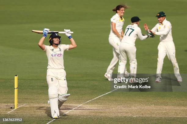 Darcie Brown of Australia successfully appeals for the wicket of Heather Knight of England during day four of the Women's Test match in the Ashes...