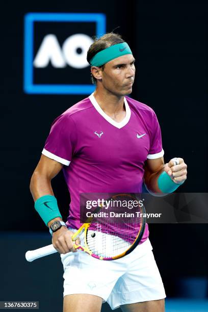 Rafael Nadal of Spain celebrates after winning a point in his Men's Singles Final match against Daniil Medvedev of Russia during day 14 of the 2022...