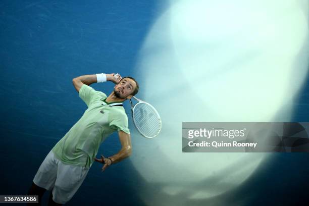 Daniil Medvedev of Russia serves in his Men's Singles Final match against Rafael Nadal of Spain during day 14 of the 2022 Australian Open at...