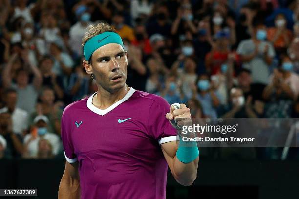 Rafael Nadal of Spain reacts after winning a point in his Men's Singles Final match against Daniil Medvedev of Russia during day 14 of the 2022...