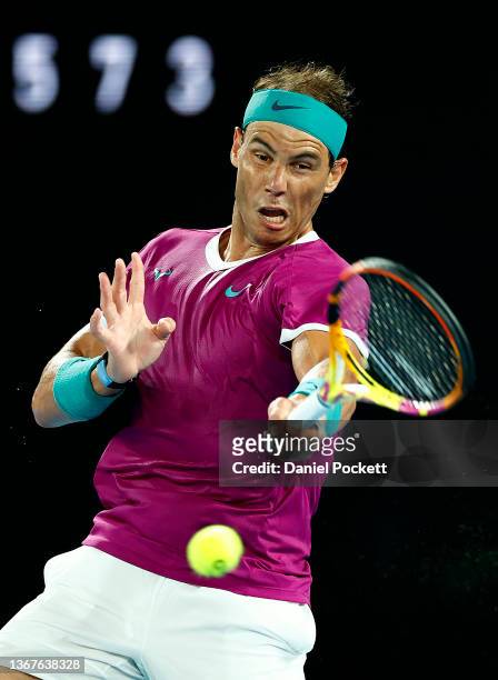 Rafael Nadal of Spain plays a forehand in his Men's Singles Final match against Daniil Medvedev of Russia during day 14 of the 2022 Australian Open...