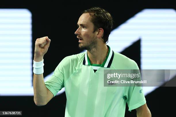 Daniil Medvedev of Russia celebrates winning a point in his Men's Singles Final match against Rafael Nadal of Spain during day 14 of the 2022...