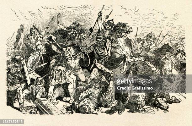 illustrazioni stock, clip art, cartoni animati e icone di tendenza di battaglia delle pianure catalane tra attila e l'impero romano - battle