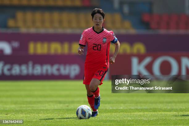 Kim Hyeri of South Korea in action during the AFC Women's Asian Cup quarter final between Australia and South Korea at Shiv Chhatrapati Sports...