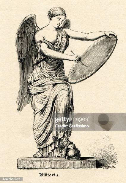 victoria goddess of victory writing names of winners onto shield - roman victory stock illustrations