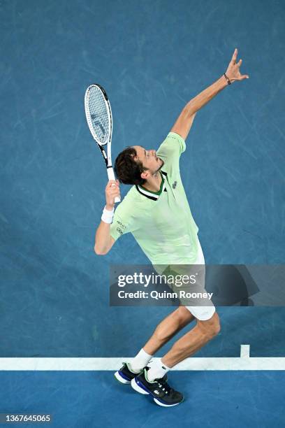 Daniil Medvedev of Russia serves in his Men's Singles Final match against Rafael Nadal of Spain during day 14 of the 2022 Australian Open at...