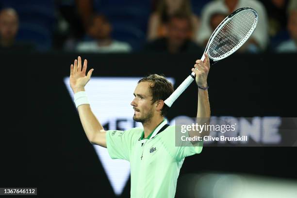 Daniil Medvedev of Russia celebrates winning set point in his Men's Singles Final match against Rafael Nadal of Spain during day 14 of the 2022...