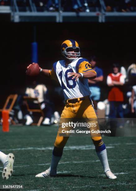 Quarterback Ron Jaworski of the Los Angeles Rams passes against the Atlanta Falcons during a game at Atlanta Fulton County Stadium on September 12,...