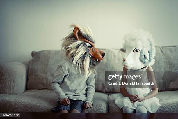 wolf and sheep - tarnung stock-fotos und bilder