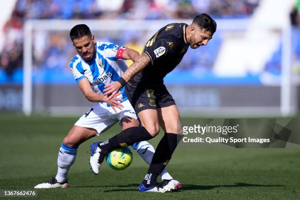 Recio of CD Leganes battle for the ball with Giovanni Zarfino AD Alcorcon during the LaLiga Smartbank match between CD Leganes and AD Alcorcon at...