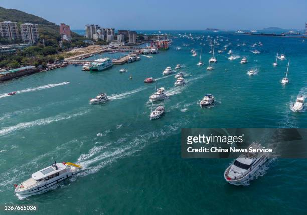 Aerial view of tourists enjoying the luxury yacht tour on January 29, 2022 in Sanya, Hainan Province of China.