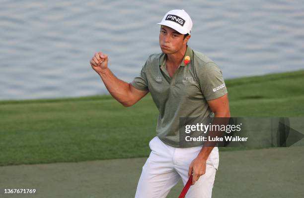 Viktor Hovland of Norway celebrates winning on the 18th hole during the playoff against Richard Bland of England during day four of the Slync.io...