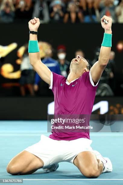 Rafael Nadal of Spain celebrates match point in his Men’s Singles Final match against Daniil Medvedev of Russia during day 14 of the 2022 Australian...