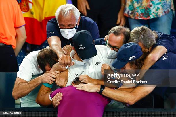 Rafael Nadal of Spain celebrates match point with his father Sebastian Nadal and coach Carlos Moya after winning his Men’s Singles Final match...