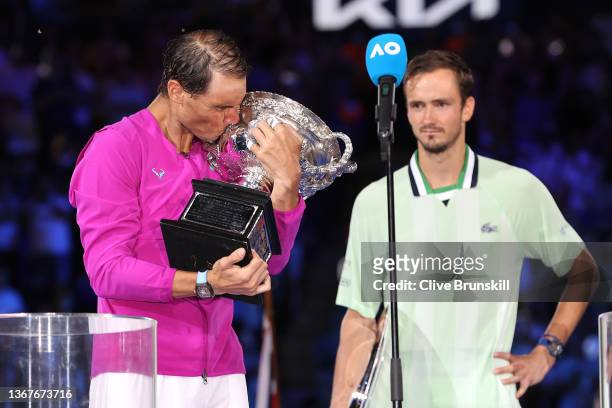 Rafael Nadal of Spain kisses the Norman Brookes Challenge Cup as he celebrates victory in his Men’s Singles Final match against Daniil Medvedev of...