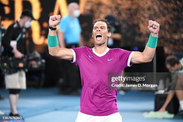 Rafael Nadal of Spain celebrates match point in his Men’s Singles Final match against Daniil Medvedev of Russia during day 14 of the 2022 Australian...