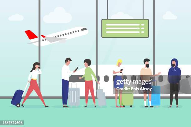 menschen, die am flughafen stehen und gehen - airport stock-grafiken, -clipart, -cartoons und -symbole