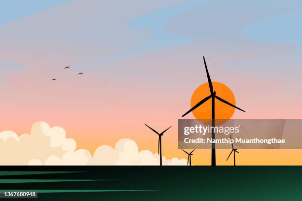 wind farm in silhouette illustration concept shows the wind turbines on the top of mountain with the beautiful sky in sunset time. - wind power illustration stock pictures, royalty-free photos & images