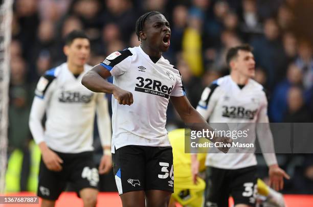 Festy Ebosele of Derby County celebrates his teams second goal during the Sky Bet Championship match between Derby County and Birmingham City at...