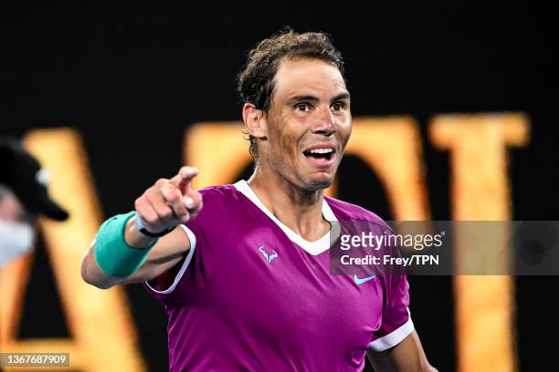 Rafael Nadal of Spain celebrates his victory over Daniil Medvedev of Russia in the final of the men’s singles during day 14 of the 2022 Australian...