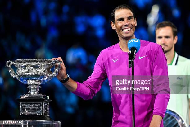 Rafael Nadal of Spain celebrates his victory over Daniil Medvedev of Russia at the trophy presentation after the final of the men’s singles during...