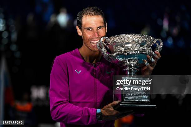 Rafael Nadal of Spain celebrates his victory over Daniil Medvedev of Russia at the trophy presentation after the final of the men’s singles during...