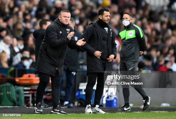 Manager of Derby County, Wayne Rooney looks on during the Sky Bet Championship match between Derby County and Birmingham City at Pride Park Stadium...