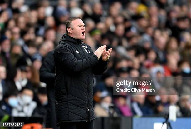 Manager of Derby County, Wayne Rooney looks on during the Sky Bet Championship match between Derby County and Birmingham City at Pride Park Stadium...