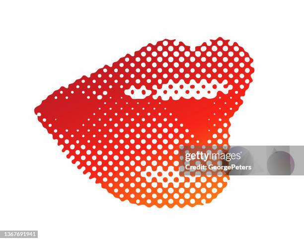 ilustraciones, imágenes clip art, dibujos animados e iconos de stock de patrón de puntos de semitono de labios femeninos sonrientes - sonrisa con dientes