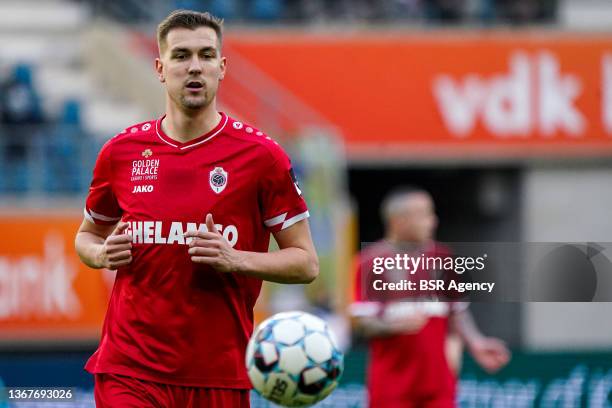 Bjorn Engels of Royal Antwerp FC during the Jupiler Pro League match between KAA Gent and Royal Antwerp FC at Ghelamco Arena on January 30, 2022 in...