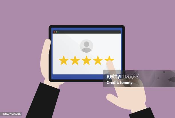 hand holding a tablet to give a rating application - giving feedback stock illustrations