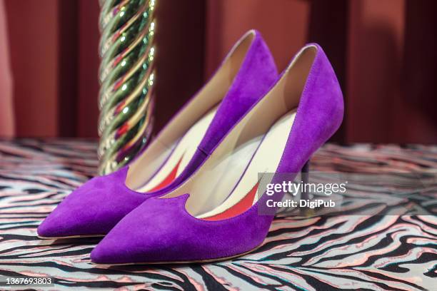 purple suede high heels - suede shoe stock pictures, royalty-free photos & images