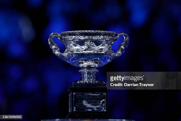 The Norman Brookes Challenge Cup is seen after the Men’s Singles Final between Rafael Nadal of Spain and Daniil Medvedev of Russia during day 14 of...