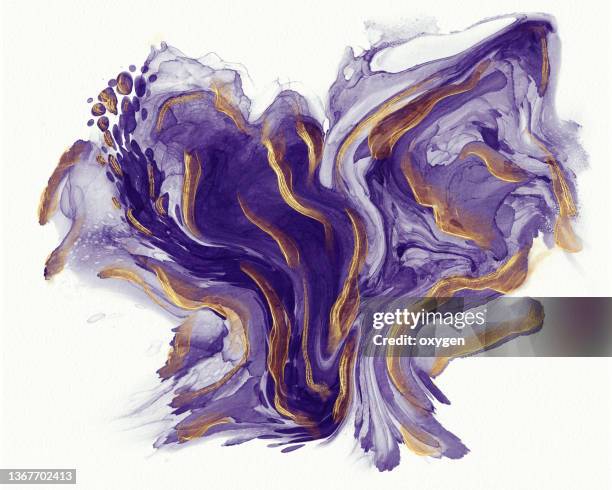 alcohol ink abstract wash purple butterfly background. mixing purple gold glittered  acrylic paints - gold paint stock pictures, royalty-free photos & images