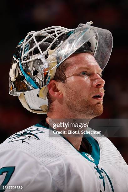 Goaltender James Reimer of the San Jose Sharks skates the ice during a break in the action against the Florida Panthers at the FLA Live Arena on...