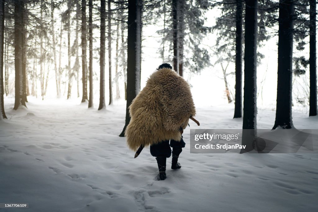 Rückansicht des mittelalterlichen Kriegers, der während des Sonnenuntergangs im Wald spazieren geht