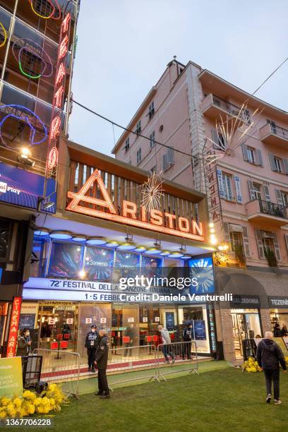 General views of the Teatro Ariston and Green Carpet during the 72nd Sanremo Music Festival 2022 at on January 30, 2022 in Sanremo, Italy.